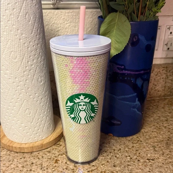 Starbucks | Sequin White Tumbler with Pink Straw and Green Logo - Picture 3 of 16